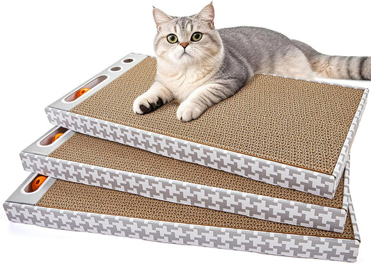 Cat Scratching Board 3 Pack – Reversible Cardboard Scratcher for Indoor Cats, Wide Boxed Scratch Pads with Bell Ball, Durable Corrugated scratchers as Furniture Protector