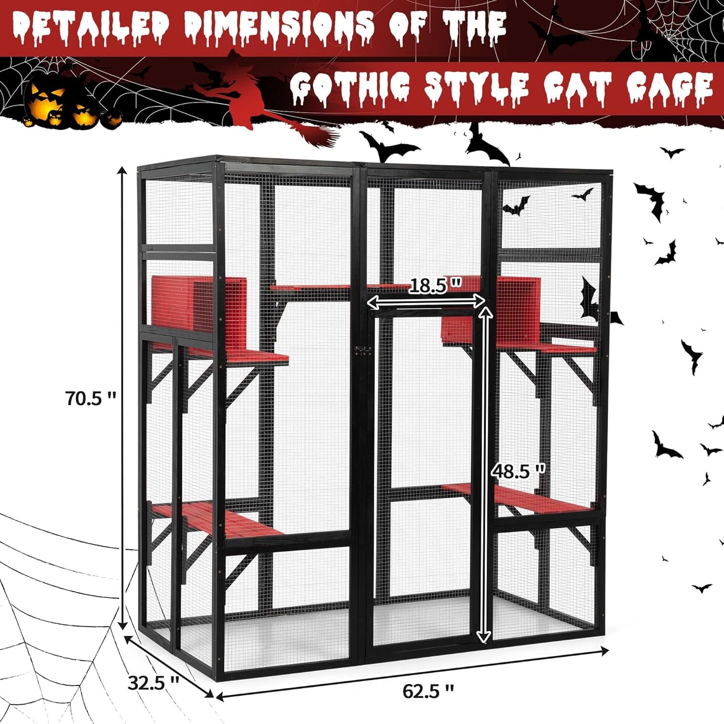 COZIWOW 70Inches Large Spacious Wooden Catio Outdoor Cat Enclosure with Perches and Condos, Cat Cage Indoor with Waterproof Roof, 7 Platforms & 2 Resting Box, UV Resistant (Gothic)