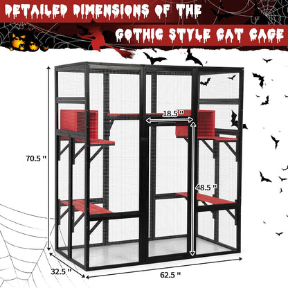 COZIWOW 70Inches Large Spacious Wooden Catio Outdoor Cat Enclosure with Perches and Condos, Cat Cage Indoor with Waterproof Roof, 7 Platforms & 2 Resting Box, UV Resistant (Gothic)