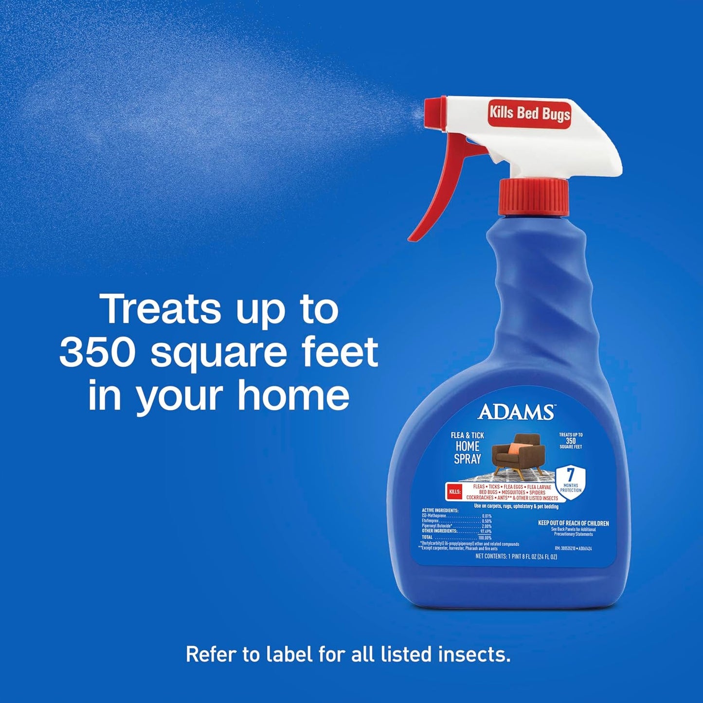 ADAMS Flea & Tick Home Spray, Kills Fleas, Flea Eggs, Flea Larvae, Bed Bugs, Ticks, Ants (Except Carpenter, Harvester, Pharaoh & Fire Ants), Cockroaches, Spiders, & Mosquitoes In The Home, 24 Fl Oz