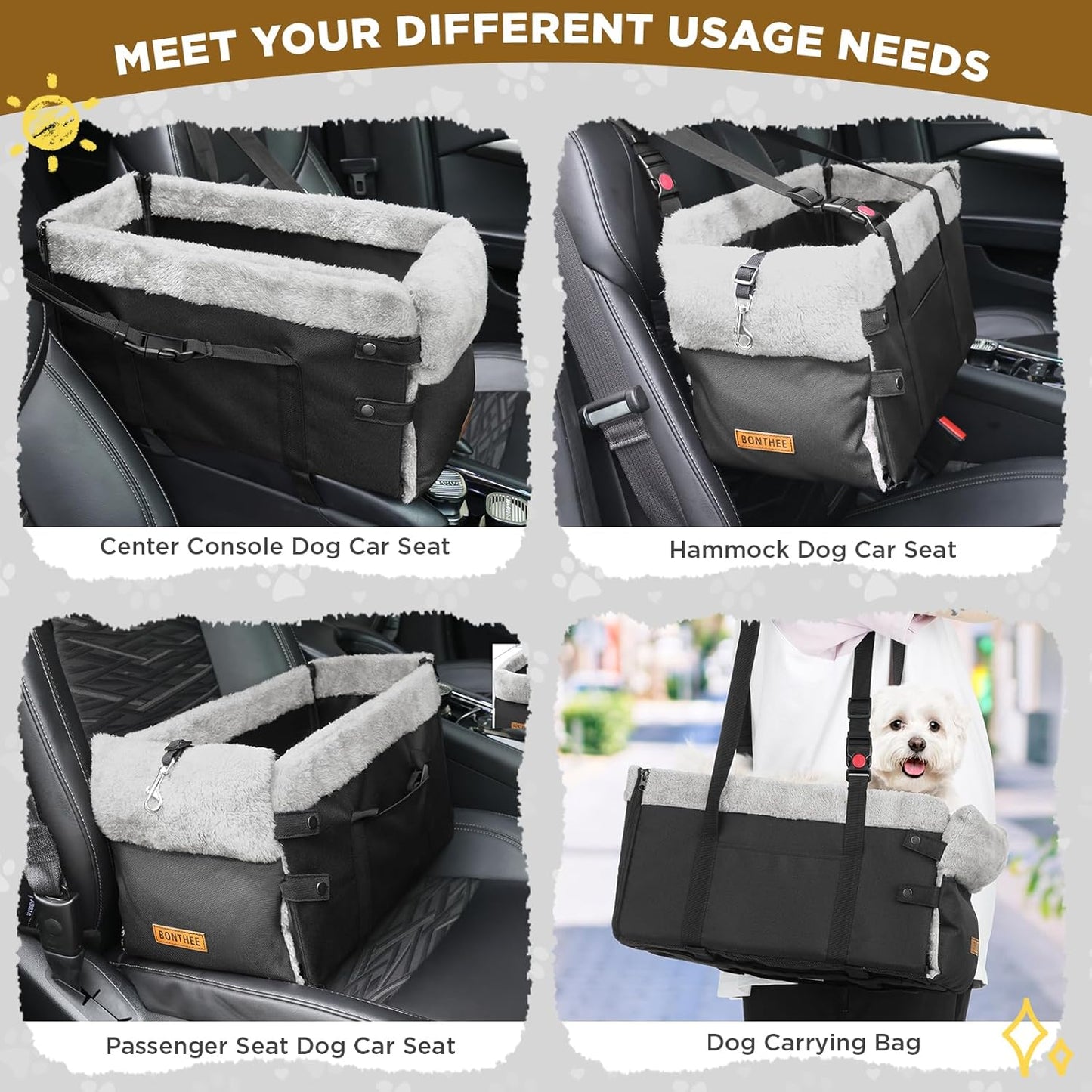 Upgraded Zipper Center Console Dog Car Seat for Small Dogs, Pet Booster Seat with Safety Hook & Adjustable Strap,Washable Center Console Car Bed with Storage Pocket for Pets up to 15lbs