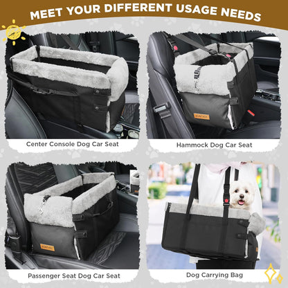 Upgraded Zipper Center Console Dog Car Seat for Small Dogs, Pet Booster Seat with Safety Hook & Adjustable Strap,Washable Center Console Car Bed with Storage Pocket for Pets up to 15lbs