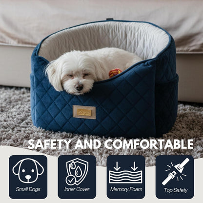 Premium 2-in-1 Dog Car Seat & Home Bed for Small Dogs – Premium Travel Pet Bed with Safety Straps, Stylish Design, Soft Plush Cushion & Secure Portable Comfort – Under 30lbs (Blue)