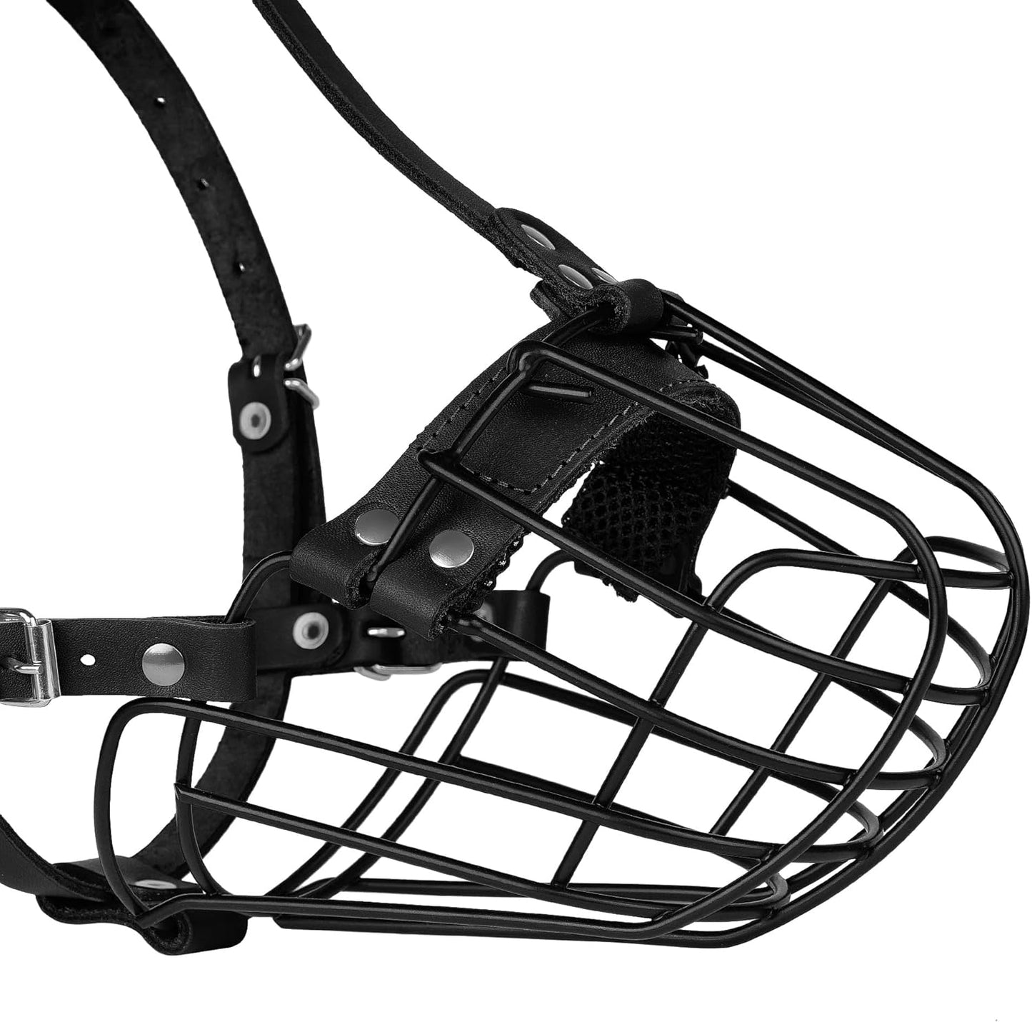 Pitbull Dog Muzzle Breathable Metal Basket for Large Dogs Amstaff Staffordshire Terrier Secure Wire Mask Adjustable Durable Leather Straps Biting Chewing Barking (Black)