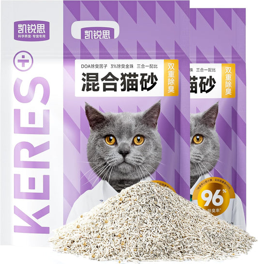 KERES Cat Litter Mixed- Ultra Absorbent, 99% Dust-Free, Advanced Odor Control, Fast-Clumping, Natural Clay & Tofu Blend, Low Tracking, Multi-Cat Formula (4.4lb*2bag)