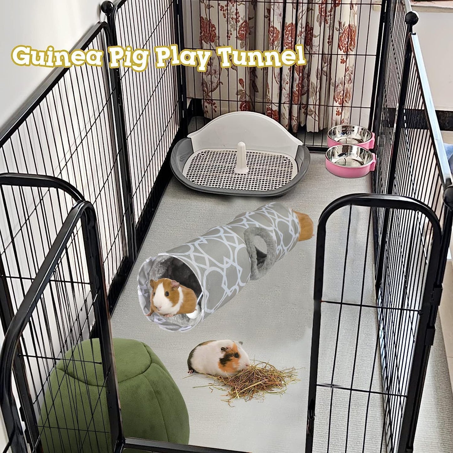 LUCKITTY Plush Inside Stright Shape Small Animals Tube Tunnel with Interactive Ball for Guinea Pig, Hamster, Chinchilla, Hedgehog Hiding and Resting, Geometric Grey