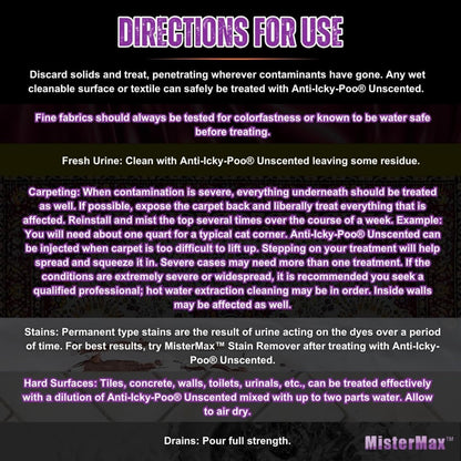 Mister Max Anti Icky Poo Pet Urine Enzyme Cleaner & Feces Odor Remover, Enzymatic Cleaner for Dog & Cat Urine, Pet Odor Remover Spray, 1 Gallon & Quart Size Unscented