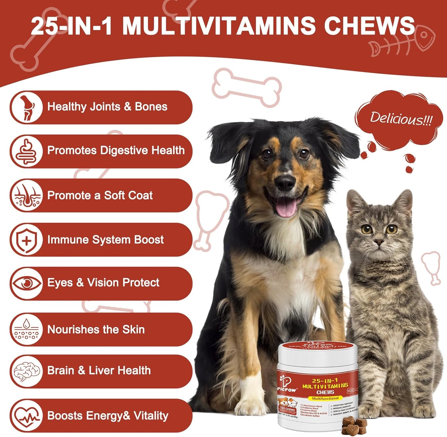 Dog Multivitamin Chewable, with Glucosamine Chondroitin, Digestive Enzymes & Probiotics, for Digestion Support, Immune, Skin, Coat, Joints & Bones Healthy, 120 Chews