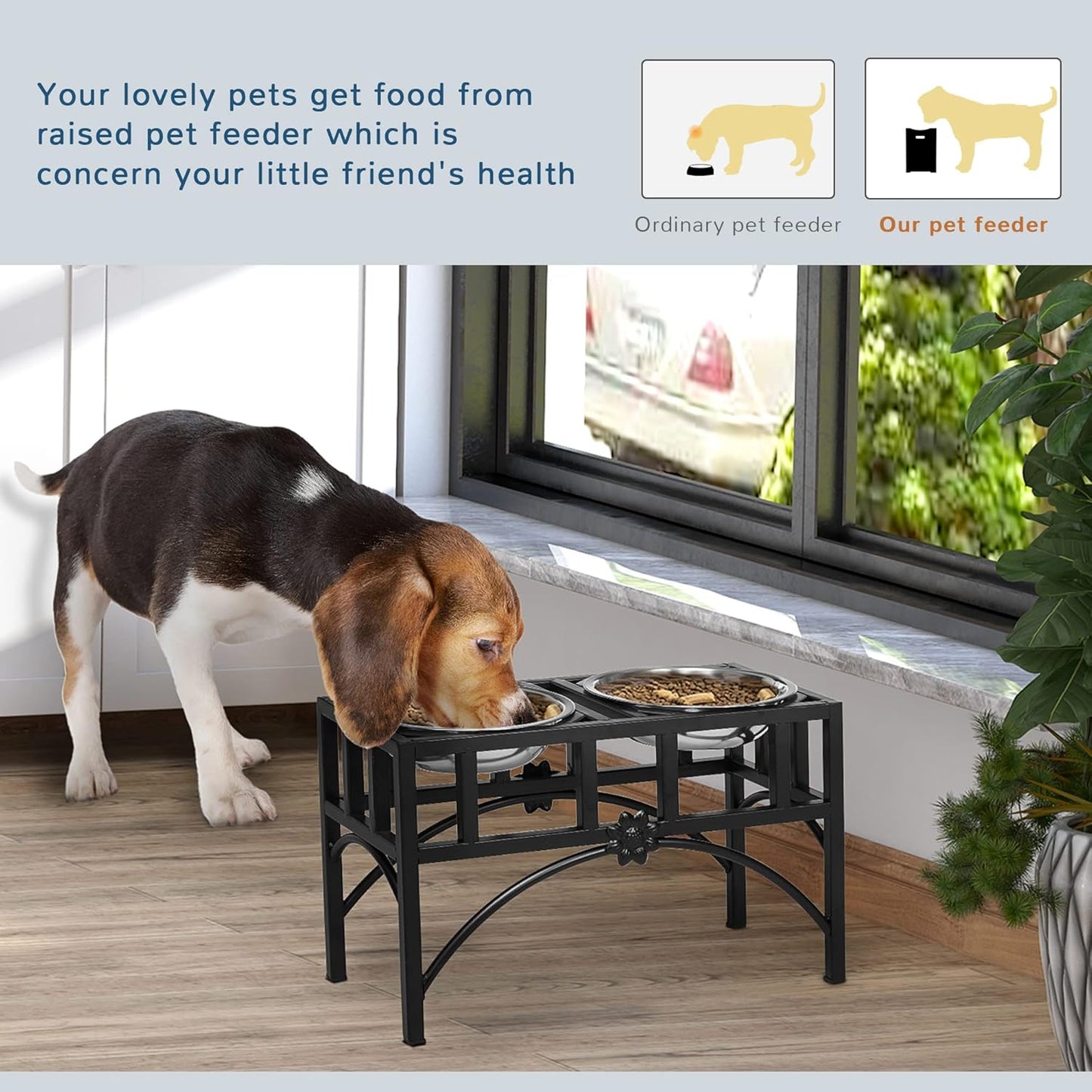 GREAZ Elevated Stainless Steel Dog Food Bowl Station for Medium Dogs, Heavy Duty Design, Non-Slip Easy Clean, Black