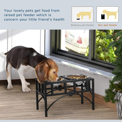 GREAZ Elevated Stainless Steel Dog Food Bowl Station for Medium Dogs, Heavy Duty Design, Non-Slip Easy Clean, Black