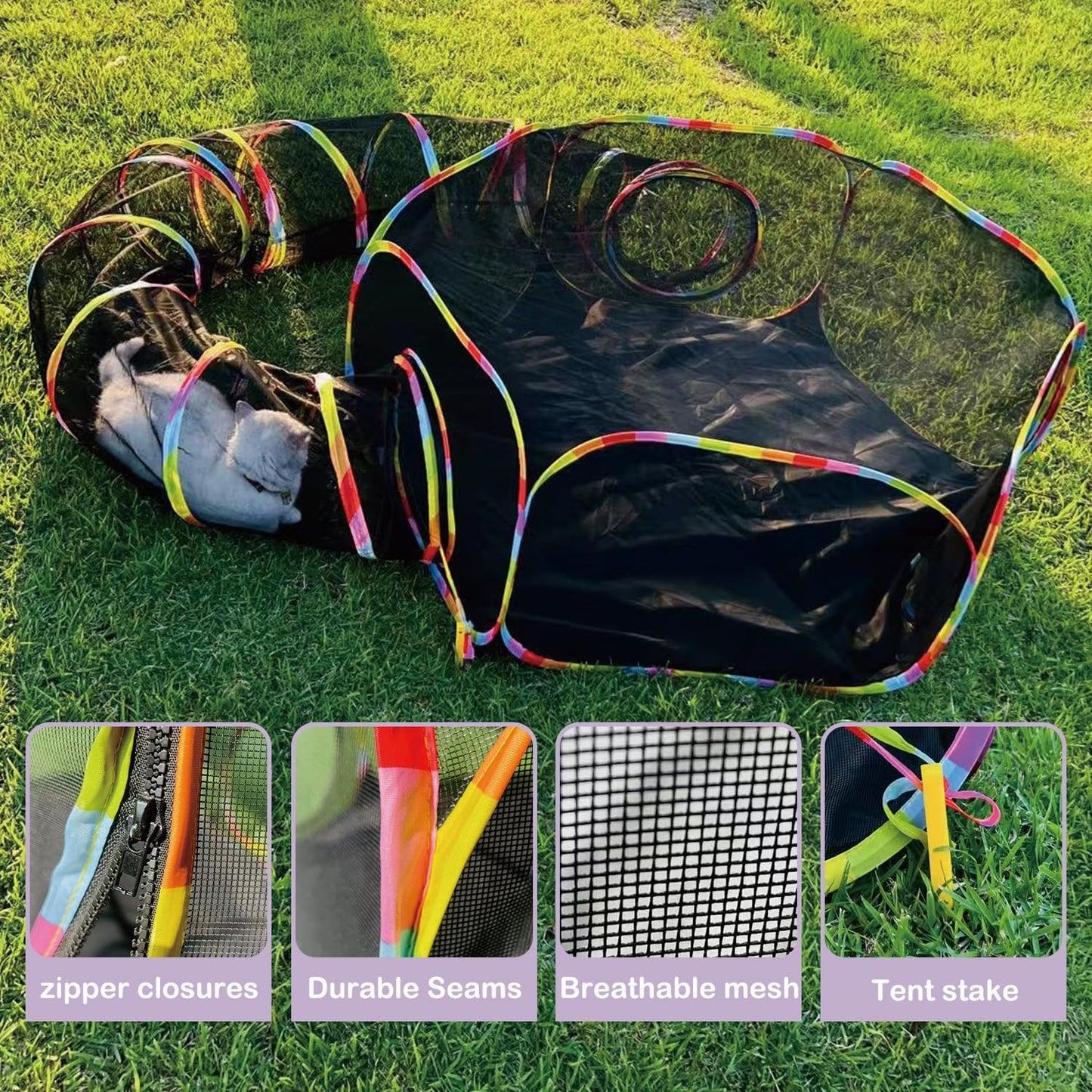 Catio Outdoor Cat Enclosure, Portable Cat Tunnel Playground with Rainbow Tent, Circle Cat Playpen Tunnel for Kitty and Small Family Pet Indoor & Outside Play