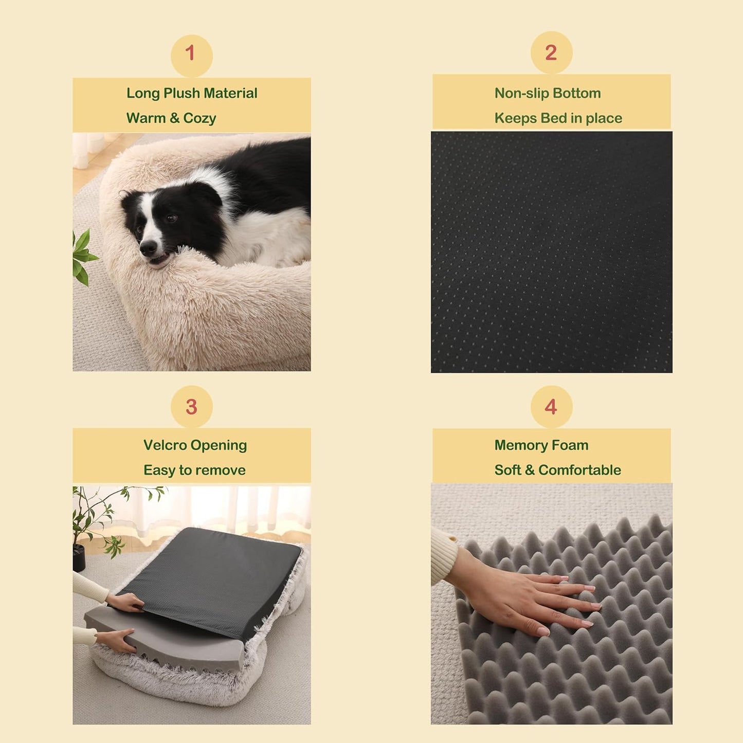 Orthopedic Dog Bed for Medium Dogs - Washable Memory Foam Pet Sofa, Fluffy Plush Rectangular Bed, Waterproof Anti-Anxiety Couch, Light Brown, M