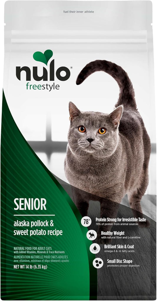 Nulo Freestyle High Protein Senior Cat Food, Alaska Pollock & Sweet Potato Recipe - Natural Grain-Free Dry Cat Food for Seniors with L-carnitine, Omega Fatty Acids, & Probiotics, 14 lb Bag