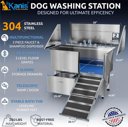 KANIS Professional Dog Washing Station - 304 Stainless Steel Pet Wash Sink & Grooming Bathtub w/Shower, Floor Grates and Storage for Large, Medium & Small Pets (50", 2 Drawers - Right Ramp)