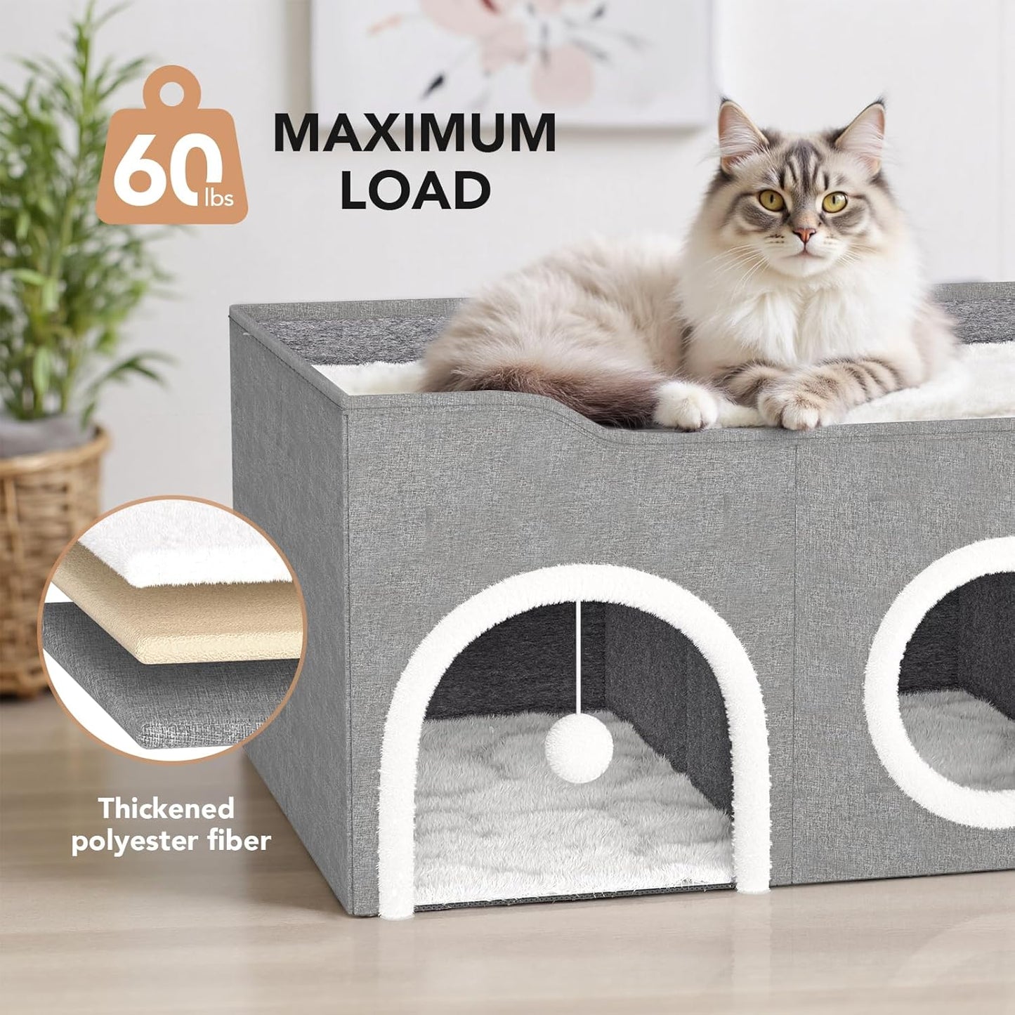 All-in-1 Extra Wide Cat House,Top Bed Three Rooms Cat Condos,Cat Beds for Indoor Cats,Multi Cats Puppy Family with Fluffy Ball Hanging and Scratch Pad, Foldable Hideaway