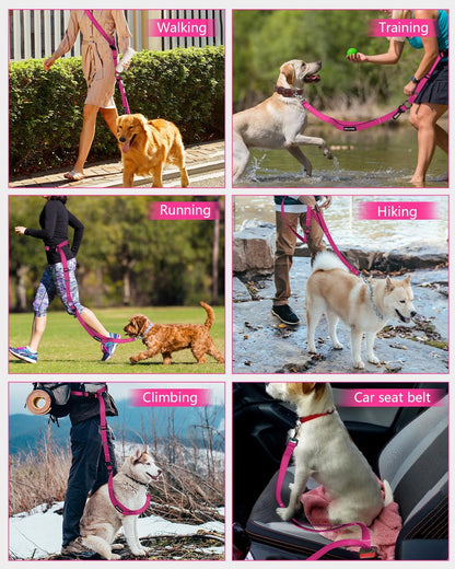 Hands Free Dog Leash & Car Seatbelt, 5.9-9.5ft Crossbody Dog Belt with Dual Soft Handles, Shock-Absorbing, 360° Clip, Reflective Design for Walking, Running, Hiking, Travel. (Rosered)