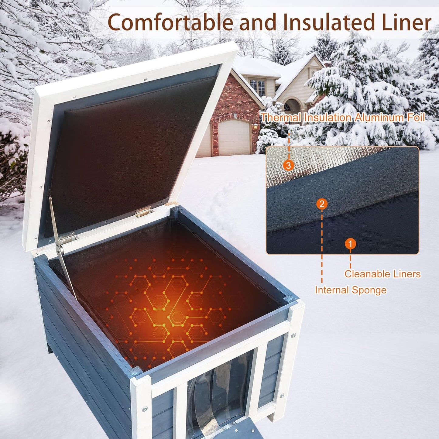 Rockever Outdoor Cat House, Insulated Outdoor Cat House with Warm Liner for Winter, Weatherproof Rabbit Hutch Bunny Cage, Wooden Outside Shelter for Feral Cats, Rabbits-Blue