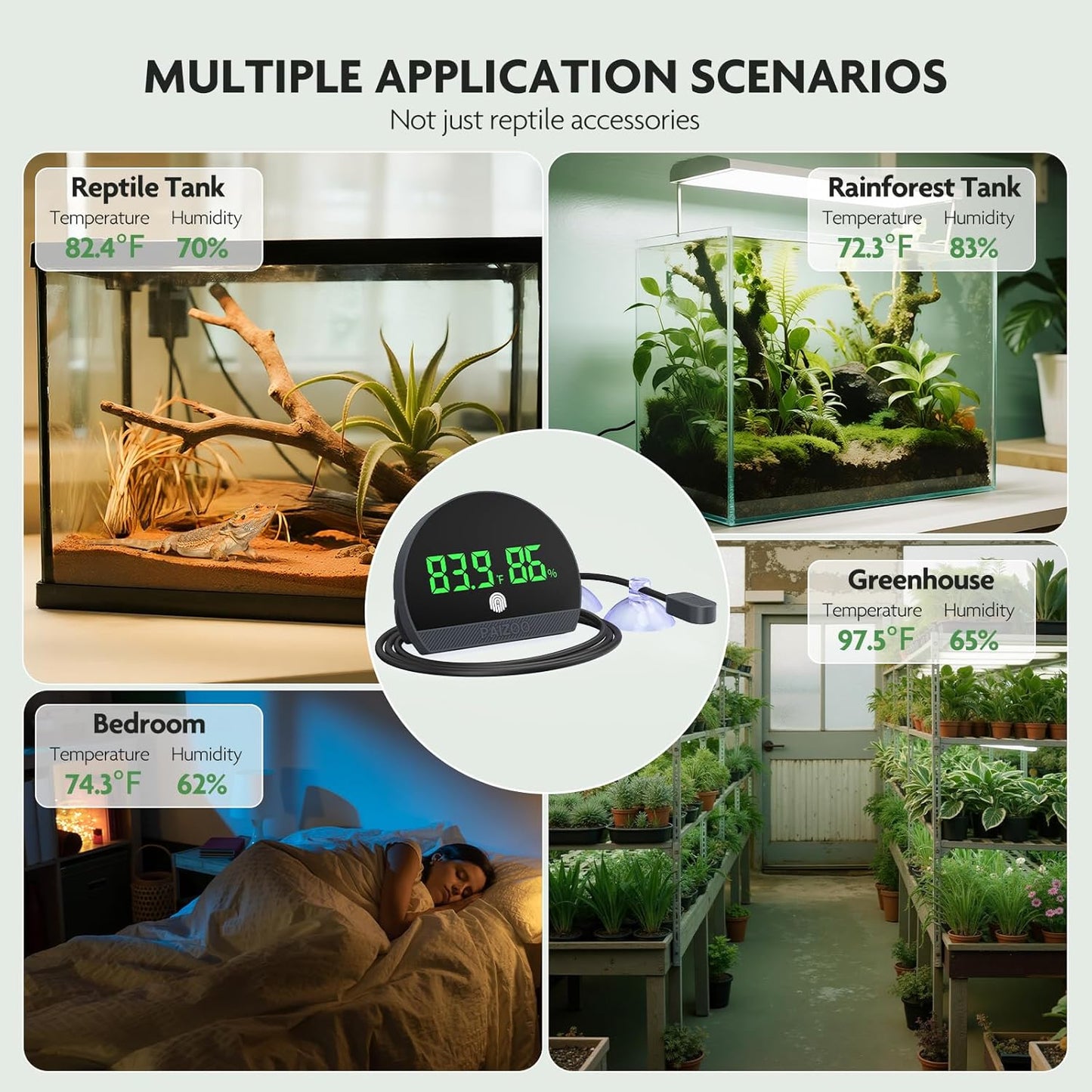 PAIZOO Reptile Thermometer Hygrometer, LED Reptile Tank Thermometer and Humidity Gauge, Rechargeable Digital Hygrometer for Reptile Tank Accessories, Switch Between ℉/℃, Always-on Display Mode