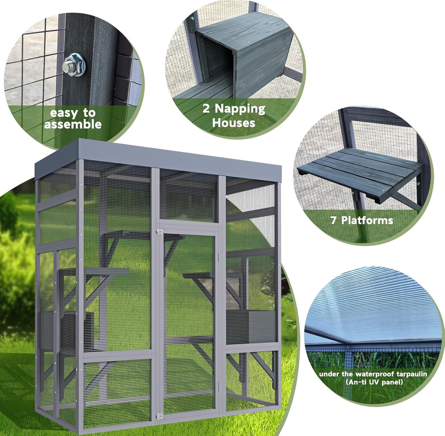 Outdoor Cat House Big Catio Wooden Cat Shelter Enclosure with Platforms,Upgrade Waterproof Cover,Rust-Proof Metal Wire,Cat Cage Playpen for Patio or Backyard,62.6",Grey