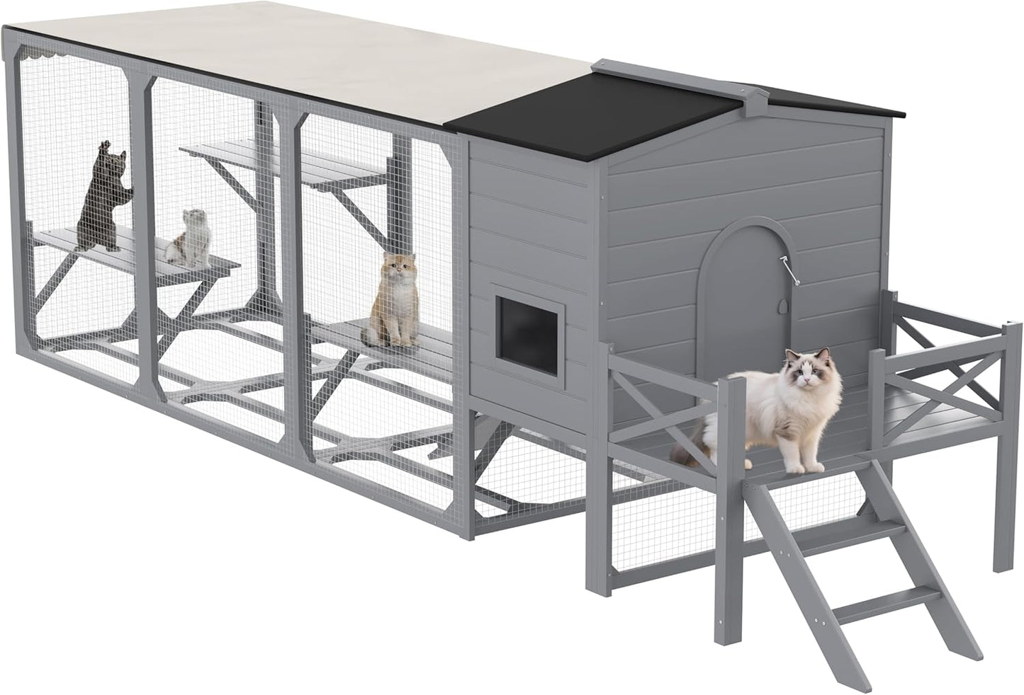 77.25" Large Cat Catio 4 Tiers Cat Enclosure for Outdoor, Cat House with Weatherproof Roof, Platforms,Resting Rooms and Doors for Multiple Cats, Gray