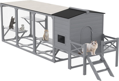 77.25" Large Cat Catio 4 Tiers Cat Enclosure for Outdoor, Cat House with Weatherproof Roof, Platforms,Resting Rooms and Doors for Multiple Cats, Gray