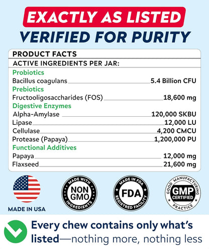 StrellaLab Dog Probiotics Treats for Picky Eaters - Digestive Enzymes + Prebiotics - Chewable Fiber Supplement - Allergy, Diarrhea, Gas, Constipation, Upset Stomach Relief - Improve Digestion&Immunity