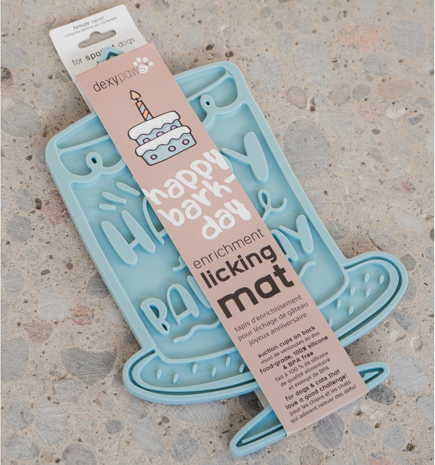 Enrichment Lick Mat: Seafoam Bark Day Bash - Grooved Silicone Dog Feeding Dish, Spread Food-Treats onto The Mat, Pet Soothing, Suction Back