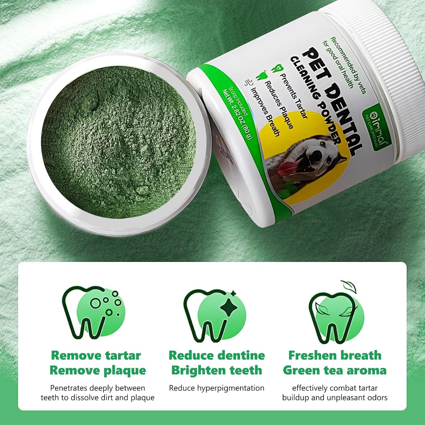 Teeth Cleaning Powder for Dogs - Dental Freshener with Probiotics for Bad Breath, Plaque, Tartar - Dental Care for Small, Medium, Large Dogs - 80g