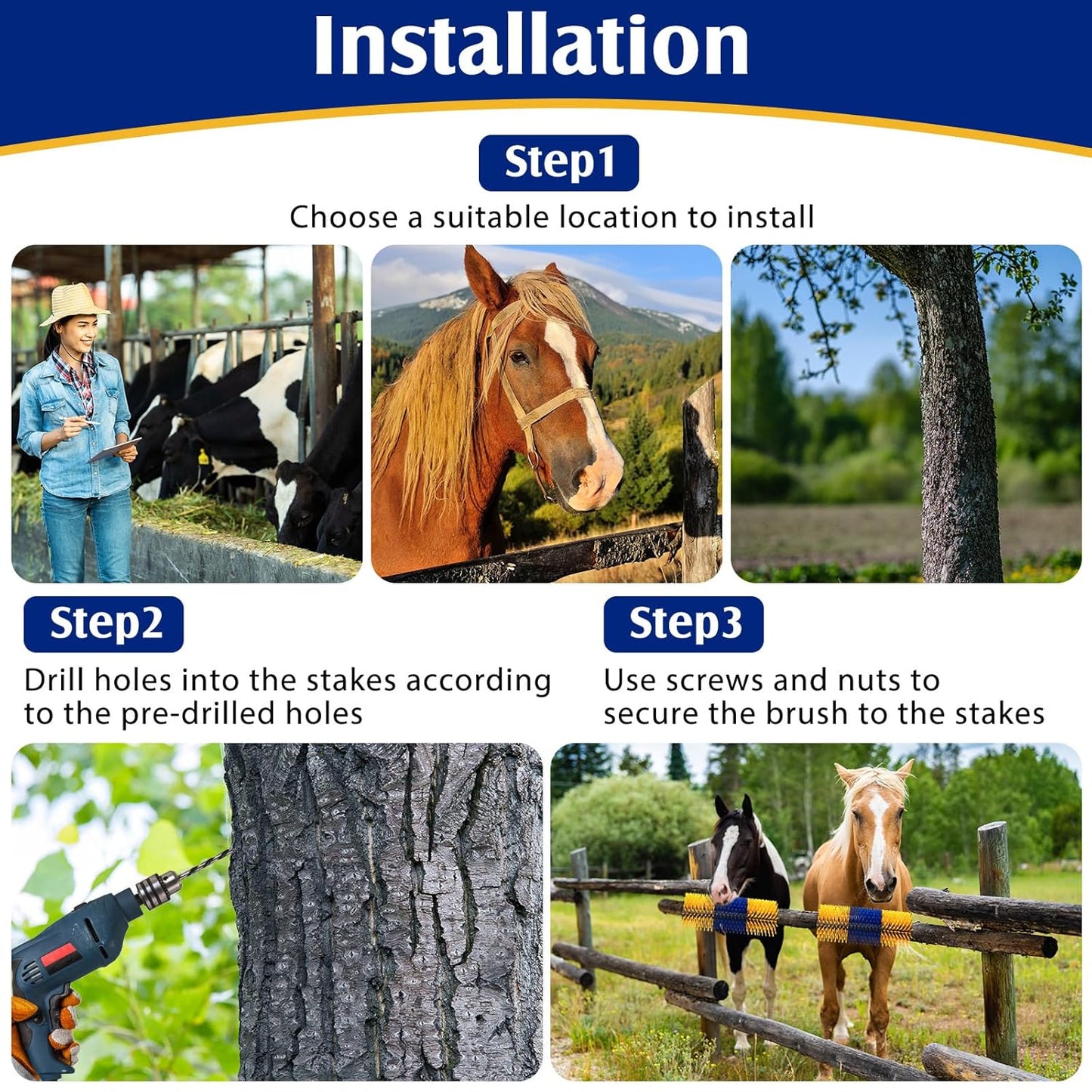 3 Pack Horse Scratching Post Livestock Scratching Brushes for Grooming 17.3 x 7.8 Inch Cow Cattle Goat Scratcher Brush for Back Itchy Relieve(Yellow and Blue)