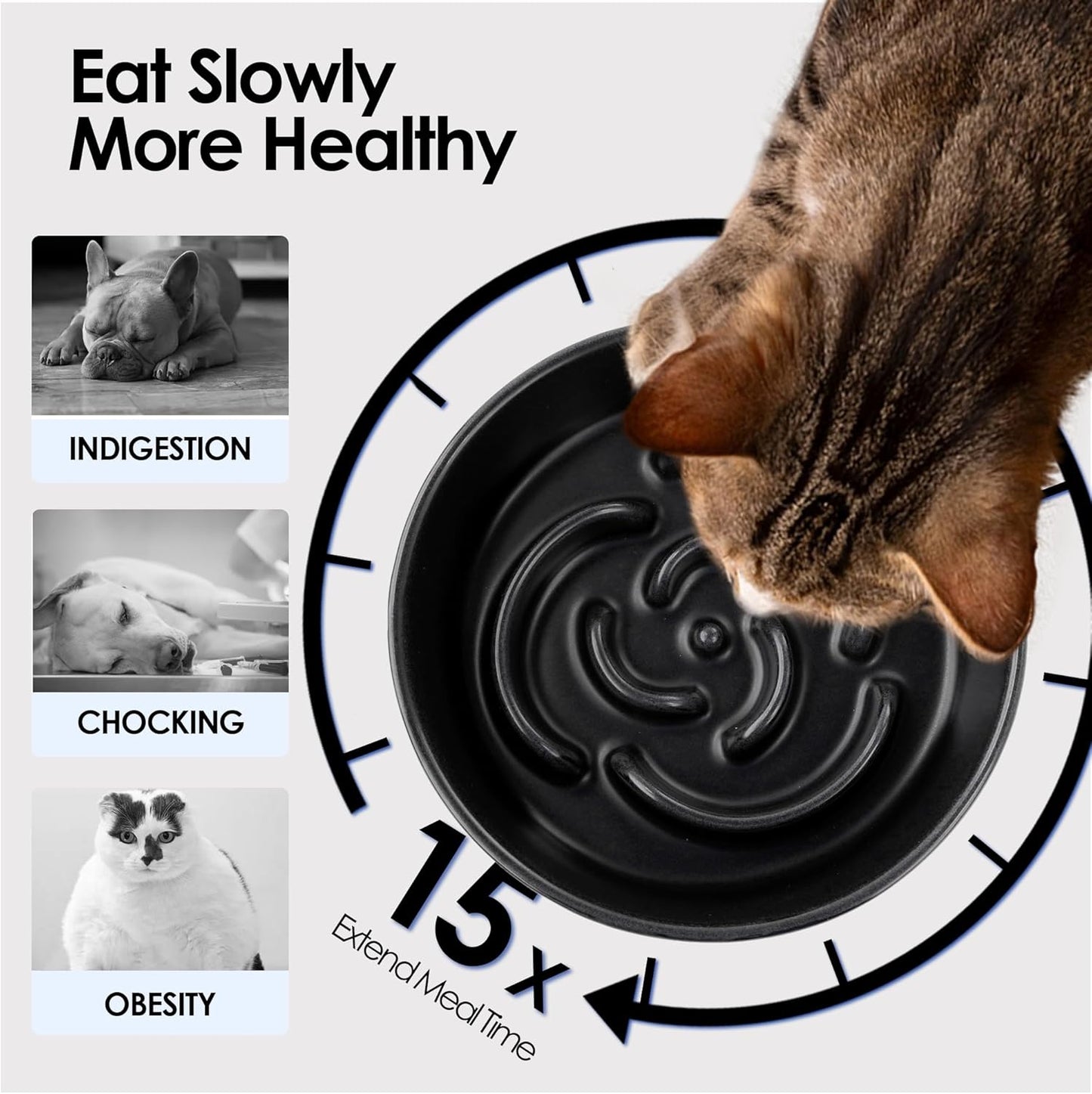 Ceramic Slow Feeder Dog Bowl for Small Dogs & Cats, 6 Inch Puzzle Pet Food Dish, Non-Slip Heavy Design, Helps Reduce Fast Eating, Bloating & Indigestion, Dishwasher Safe (Midnight Black)