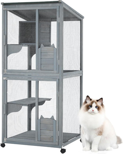 4 Tier Cat Enclosure, 69 Inch Large Catio with Wooden Cabin, Weatherproof Roof, Lockable Caster, Solid Steel, Spacious for Multi-Cat Families, Outdoor and Indoor Use, Grey