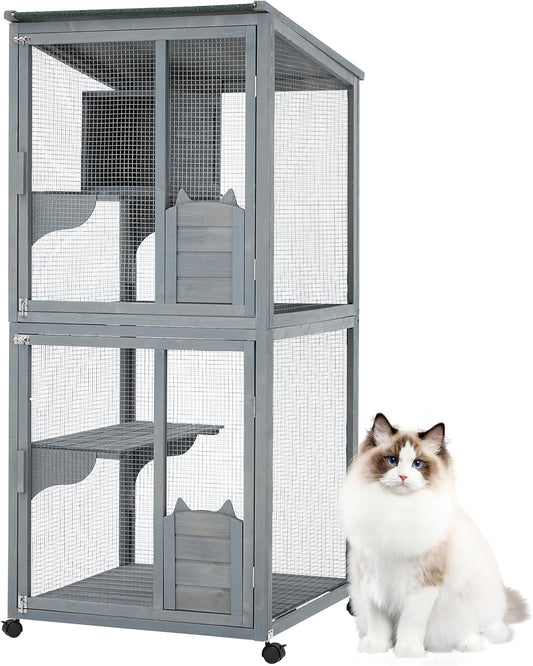 4 Tier Cat Enclosure, 69 Inch Large Catio with Wooden Cabin, Weatherproof Roof, Lockable Caster, Solid Steel, Spacious for Multi-Cat Families, Outdoor and Indoor Use, Grey