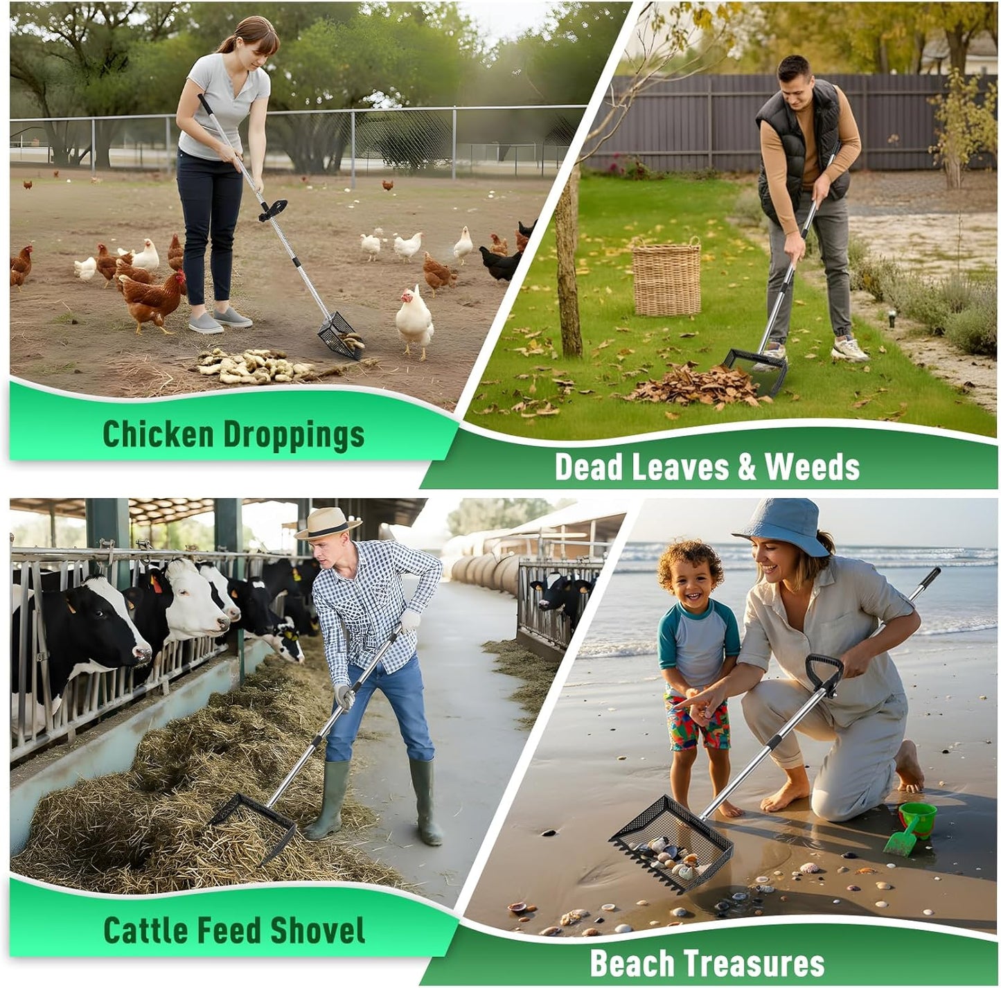 TOOGE Upgraded Chicken Poop Scooper: 9.6" Metal Pooper Scooper & Rake 4-Section Long Handle Chicken Coop Scoop Scoopers Accessories Large Sand Sifter Litter Shovel for Yard/Farm/Stable/Beach Black