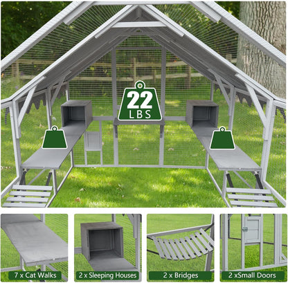 110'' Large Catio Outdoor Cat Enclosure,2 in 1 Cat Enclosure & Walk in Large Chicken Coop, Pet Cage Playpen with Weatherproof Roof, Multiple Platforms, Bouncy Bridges & Resting Houses White-1