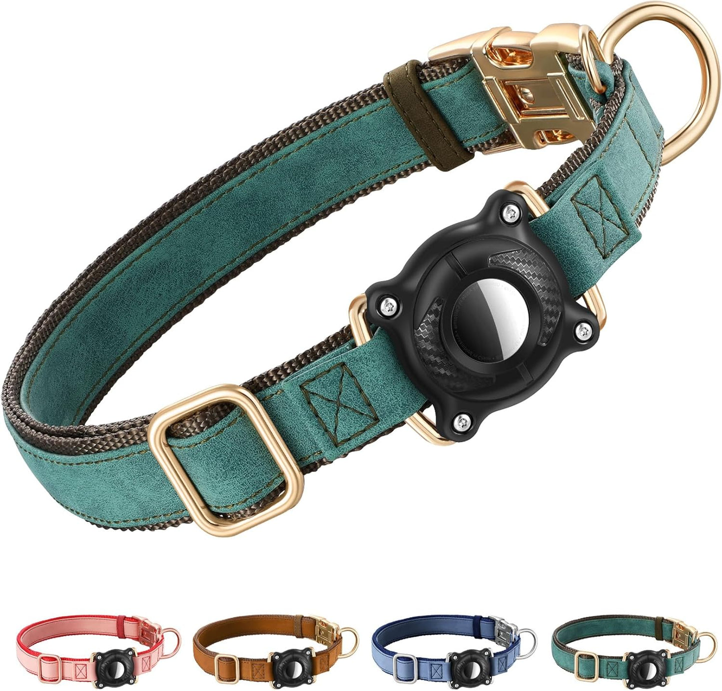 Airtag Dog Collar - Leather Dog Collar with Airtag Holder, IP 68 Waterproof Air Tag Dog Collar, Quick Release Dog Collar Metal Buckle for Large Medium Small Dogs (Green, S, 12.75"–14.75")
