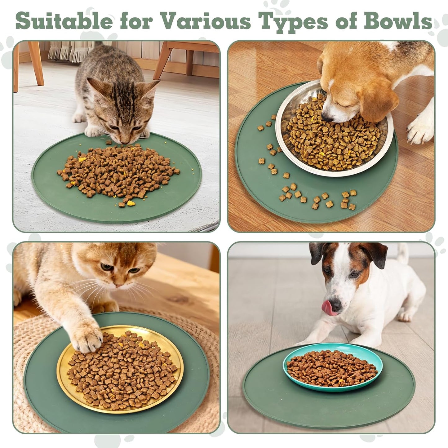 BNOSDM Silicone Cat Feeding Mat 2 Pack Dog Bowl Mats Pet Silicone Food Mat for Food and Water Nonslip Waterproof Feed Mats Round Eating Plate for Small and Medium Cats and Dogs (Dark Green)