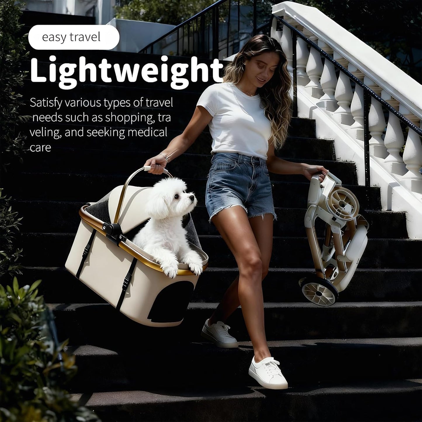 All-Terrain Pet Stroller for Small Medium Dogs & Cats, 30 lbs Capacity - Portable Carrier with One-Touch Brake, Lightweight Foldable Design & Shock Absorption Wheels,Black