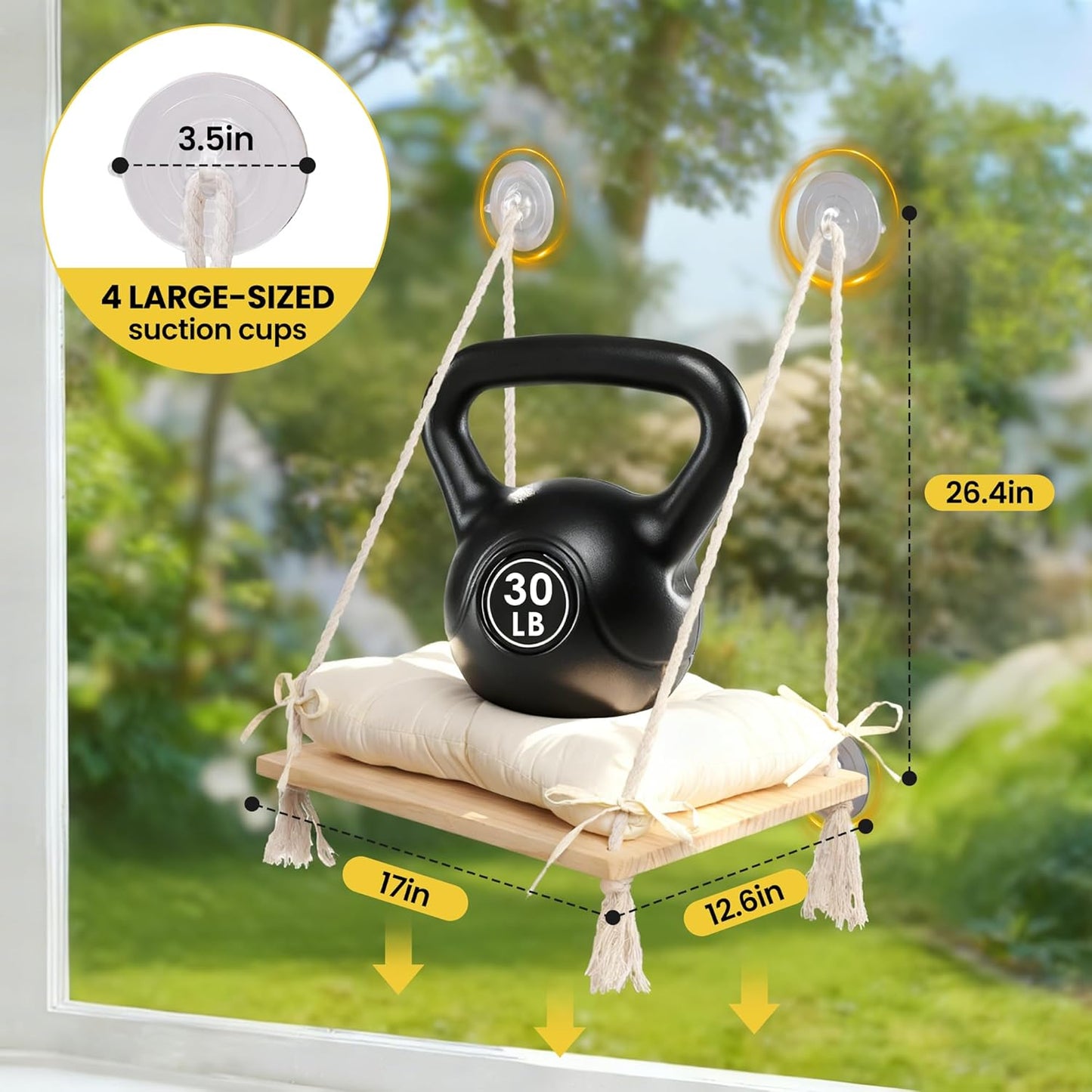 Cat Window Perch, Suction Cup Window Hammock Seat Beds for Indoor Cats with Soft Cushion and Solid Pine Wood