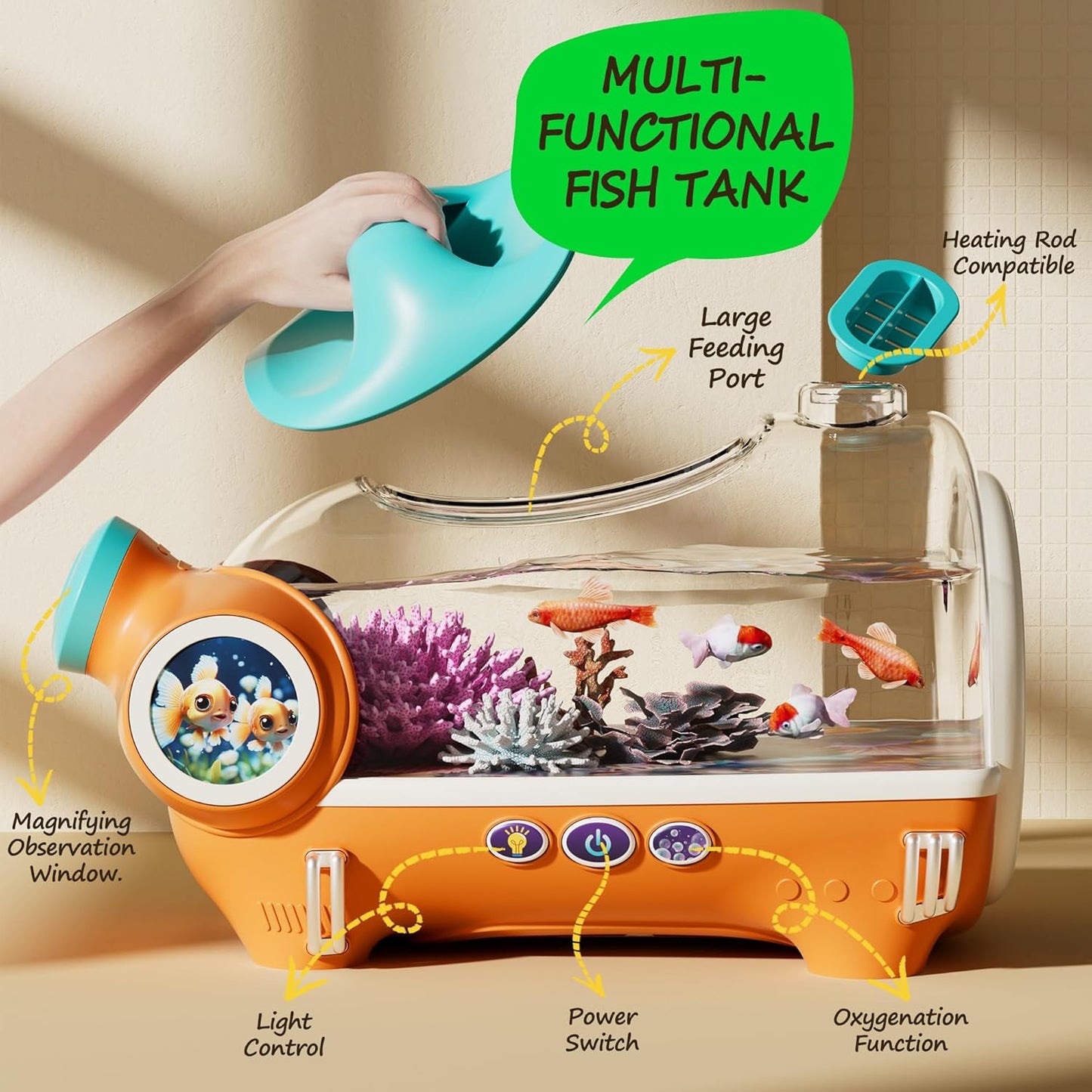 Small Fish Tank, Portable Betta Fish Tank for Kids with LED Light, Air Pump,Battery,Small Aquarium KIT - Perfect for Home Decor and Pet Care,Educational Science Gifts for Kids