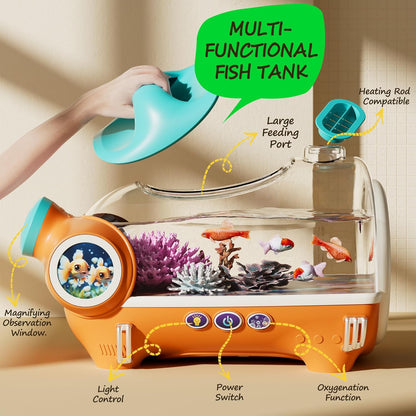 Small Fish Tank, Portable Betta Fish Tank for Kids with LED Light, Air Pump,Battery,Small Aquarium KIT - Perfect for Home Decor and Pet Care,Educational Science Gifts for Kids