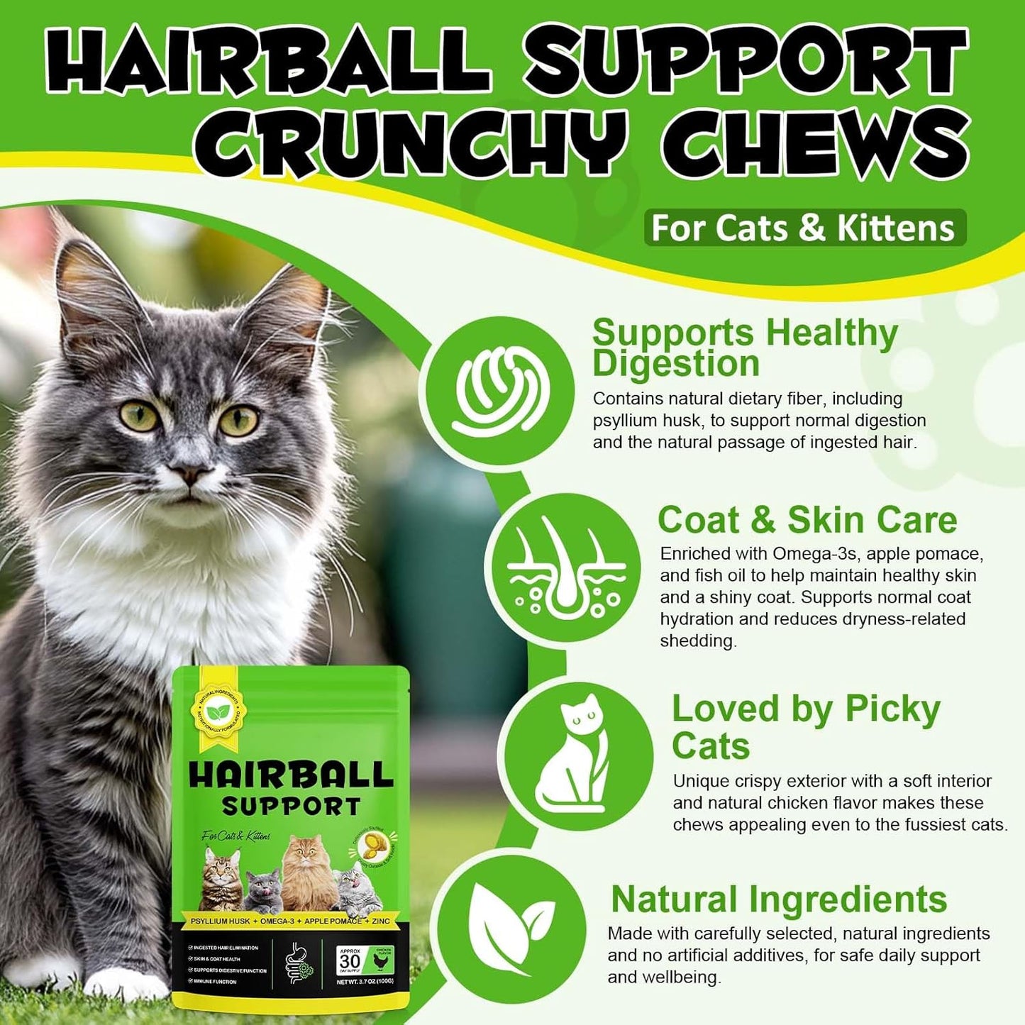 Hairball Control Cat Treats - Cat Hairball Remedy & Relief for Cats - Cat Hairball Control with Psyllium Seed Husk and Vitamins, Promotes Skin & Coat, Digestive, Urinary Health
