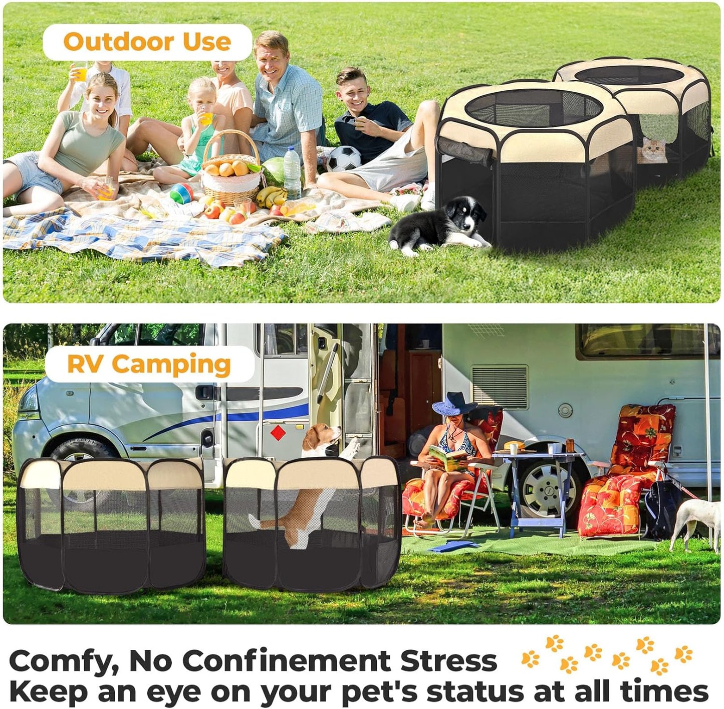 2-in-1 Pop Up Cat Playpen, Detachable into 2 Separate Pens, Assembly-Free Portable Puppy House Collapsible Dog Crates Pet Pen Tent Kennel Kitten Enclosure Cage Indoor Outdoor Foldable(M)