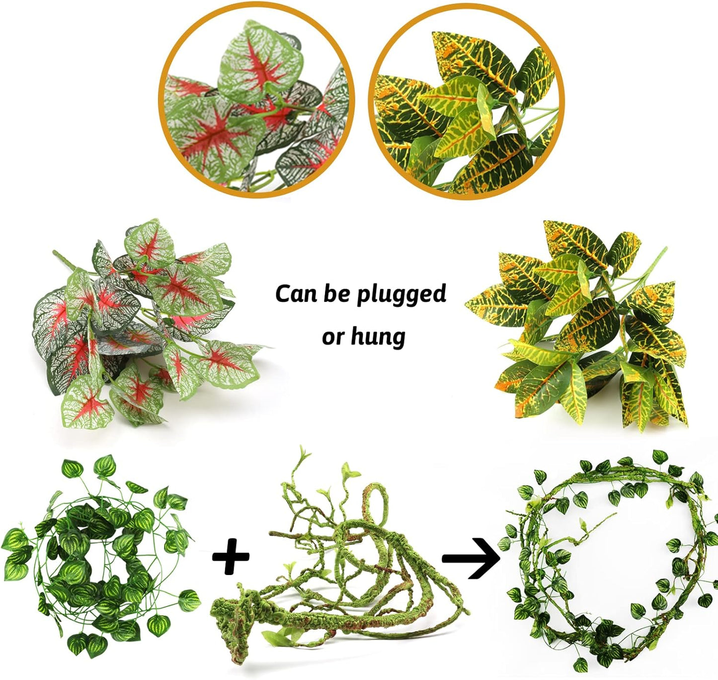 Reptile Plants, Terrarium Hanging Plant Vines Artificial Leaves Reptile Hide, Leopard Gecko Tank Accessories, Terrarium Decorations for Bearded Dragon Lizard Snake Geckos Chameleon