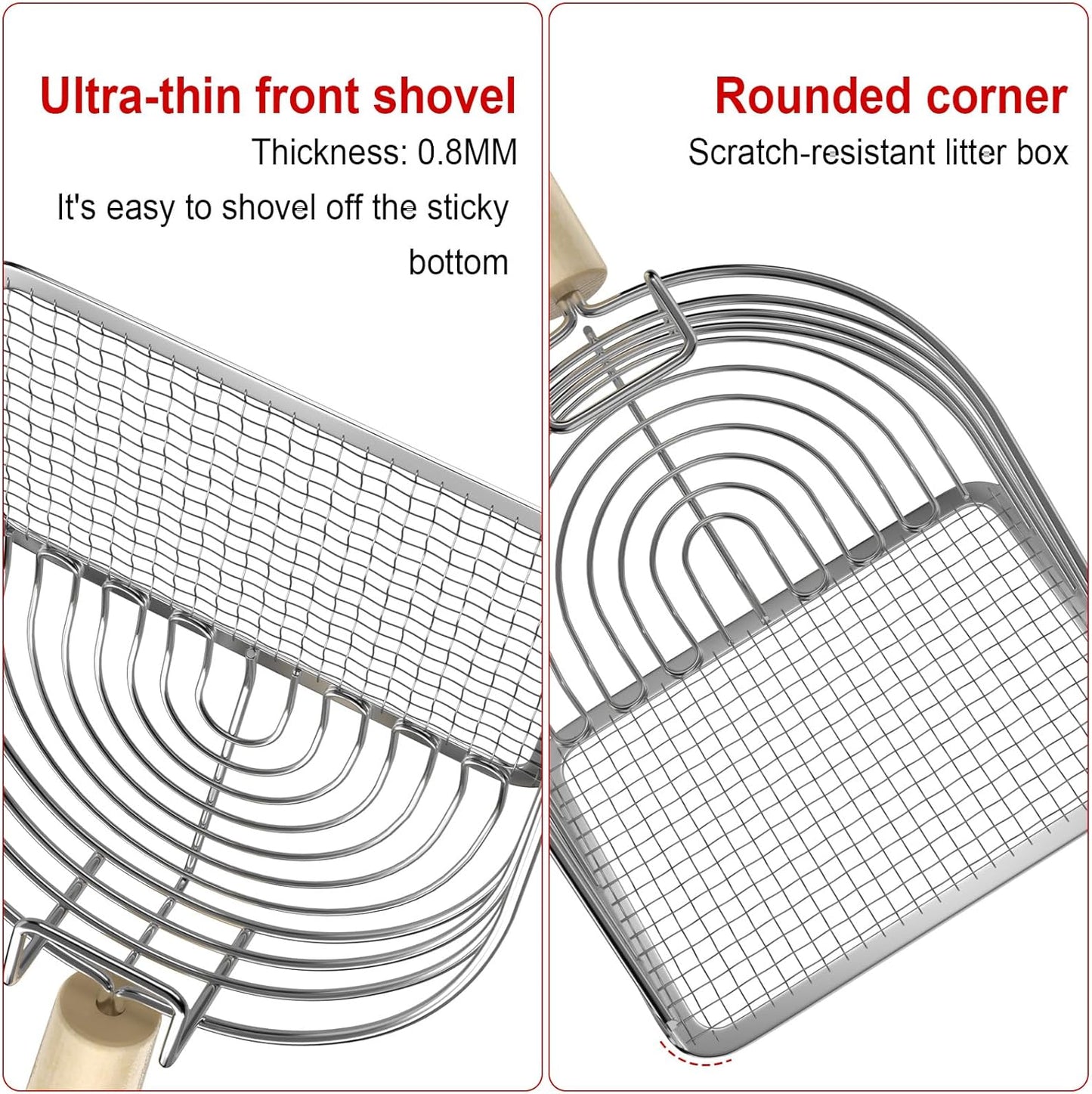Ownpets Iron Metal Cat Litter Scoop, Heavy Duty Kitty Litter Scooper & Speed Sifter to Catch Small & Large Clumps, with Eucalyptus Wood Handle, Non-Stick Deep Shovel for Effective cleanup