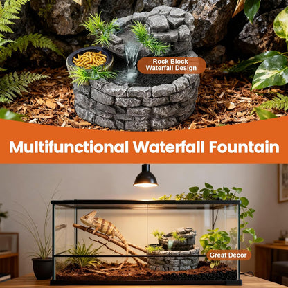 MIXJOY 2 in 1 Reptile Water Fountain with Food Dish 550ML, Terrarium Reptile Waterfall Drinking Fountain, Reptile Water Dispenser for Bearded Dragon Gecko Tree Frog Turtle Chameleon Leopard Lizard