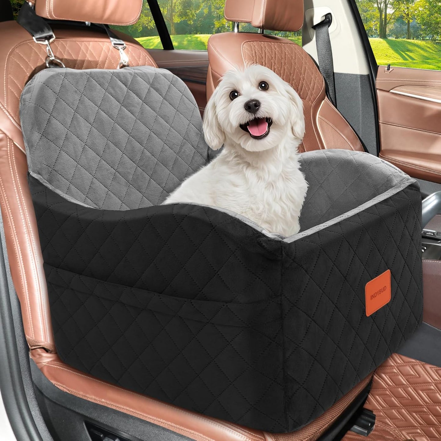 Dog Car Seat for Small & Medium Dogs, Detachable & Washable Booster Seat for Pets Up to 35lbs, Pet Travel Bed with Storage Pockets and Safety Belt (Black/Grey, Medium)