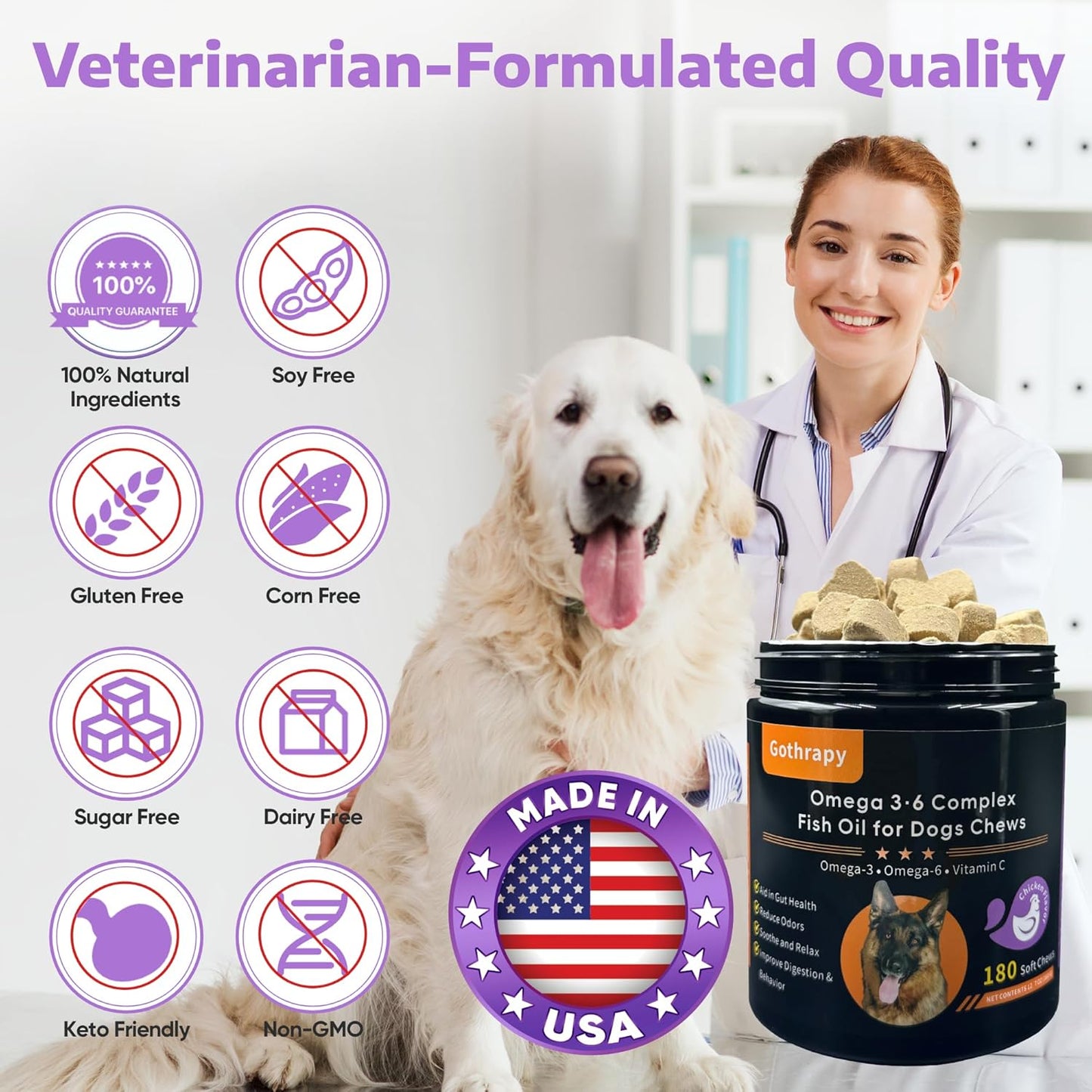 Fish Oil for Dogs, Vet-Formulated, US-Formulas Oral Natural Omega 3 & 6 Treatment Supplements – EPA & DHA Fatty Acids for Itchy Skin, Shedding & Allergy Relief – 180 Chicken Soft Chews