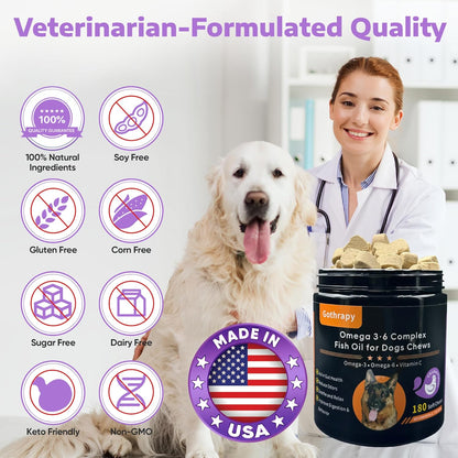 Fish Oil for Dogs, Vet-Formulated, US-Formulas Oral Natural Omega 3 & 6 Treatment Supplements – EPA & DHA Fatty Acids for Itchy Skin, Shedding & Allergy Relief – 180 Chicken Soft Chews
