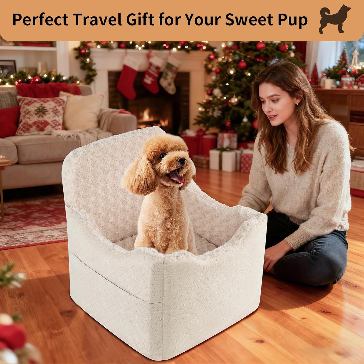 Dog Car Seat for Small Medium Dogs - 6.7inch Elevated Dog Booster Car Seats with Deluxe Rose Plush, Washable Travel Safety Pet Carseat Bed with 2 Safety Belts and Storage Pockets(Beige)