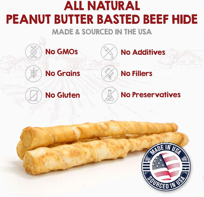 Riley's Peanut Butter Beef Hide Dog Treats, USA Sourced & Made Rawhide Chew Sticks, Raw Hides for Small Dogs, 21 ct